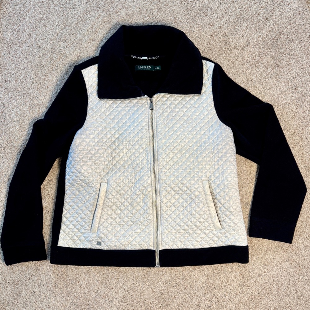 Lauren Ralph Lauren Women Quilted Fleece Jacket Full Zip Black‎ Cream Size L